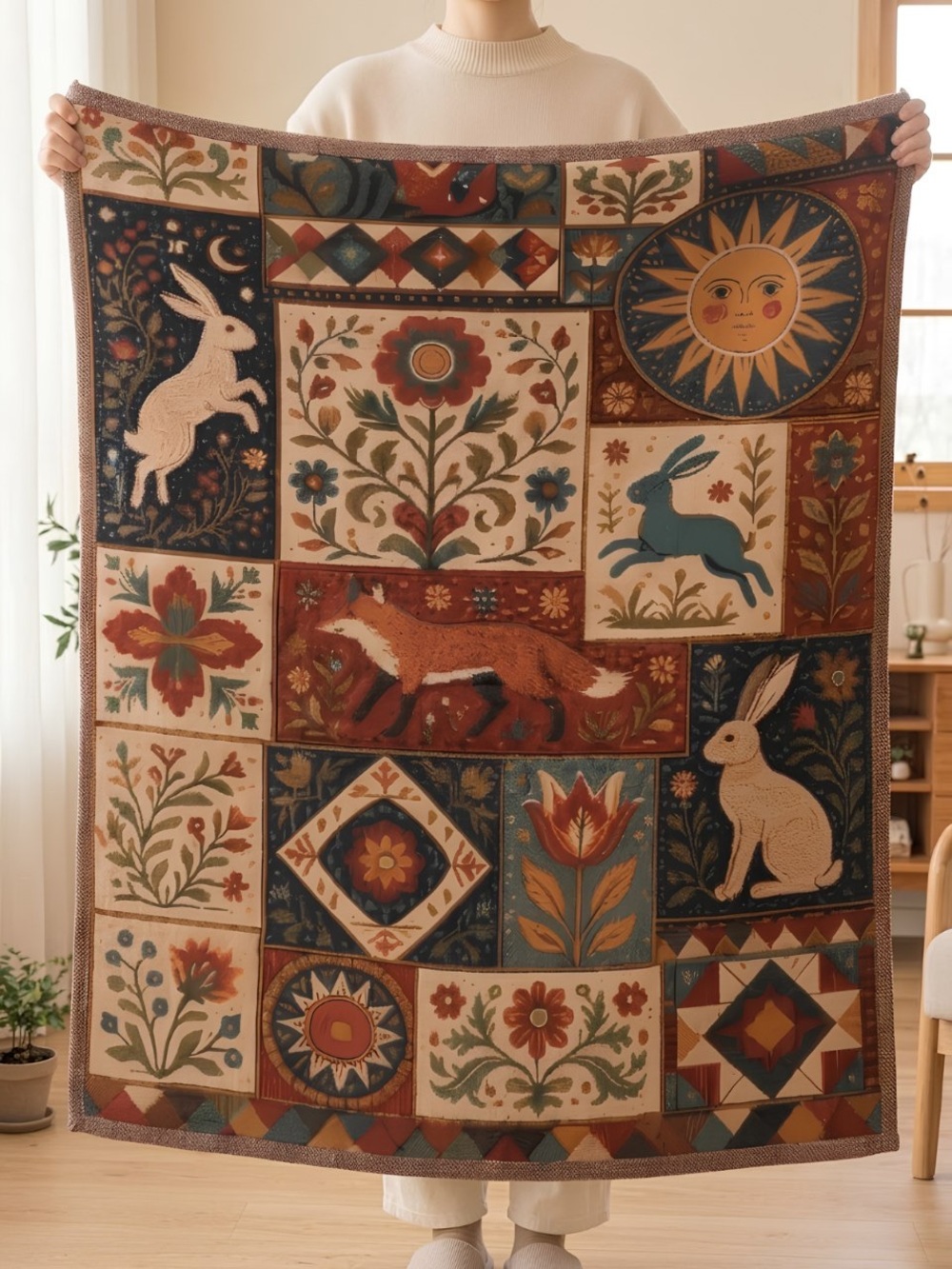 Bohemian Patchwork Animal & Floral Blanket - Blue, Red, Cream